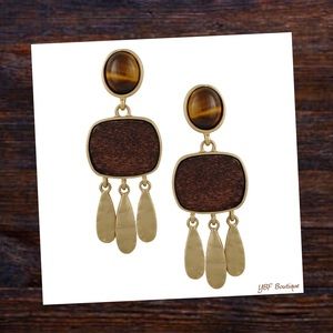 New Antique Gold & Brown Wood Drop Post Statement Fashion Earrings